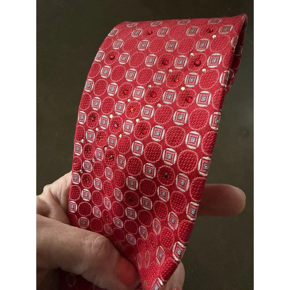 AQUASCUTUM 100% Red Silk Tie With Embellished Rhinestone Bling